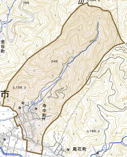 寺中町とその周辺の地図。町の範囲を重ねている