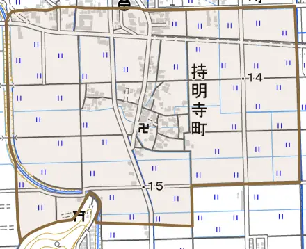 持明寺町とその周辺の地図。町の範囲を重ねている