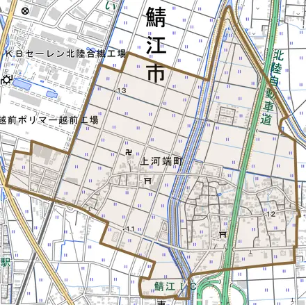 上河端町とその周辺の地図。町の範囲を重ねている