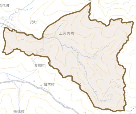 上河内町とその周辺の地図。町の範囲を重ねている