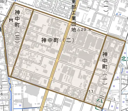 神中町とその周辺の地図。町の範囲を重ねている