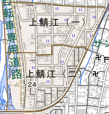 上鯖江とその周辺の地図。町の範囲を重ねている