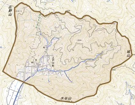 上戸口町とその周辺の地図。町の範囲を重ねている