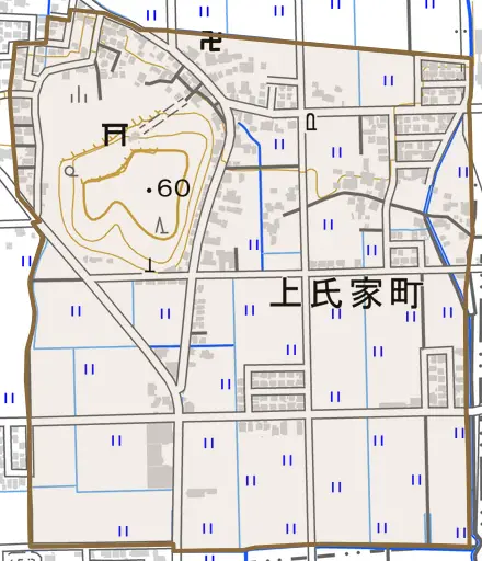 上氏家町とその周辺の地図。町の範囲を重ねている