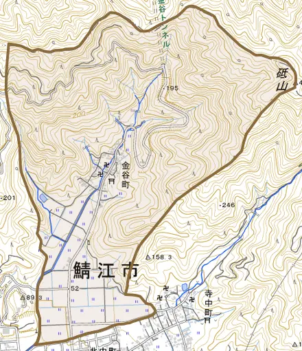 金谷町とその周辺の地図。町の範囲を重ねている