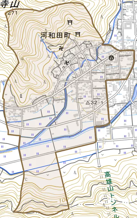 河和田町とその周辺の地図。町の範囲を重ねている