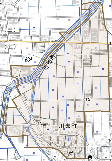川去町とその周辺の地図。町の範囲を重ねている