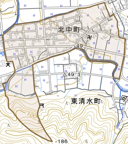 北中町とその周辺の地図。町の範囲を重ねている