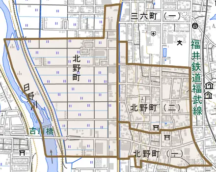 北野町とその周辺の地図。町の範囲を重ねている