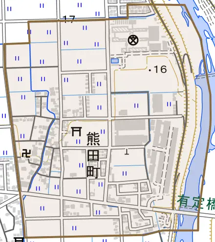 熊田町とその周辺の地図。町の範囲を重ねている