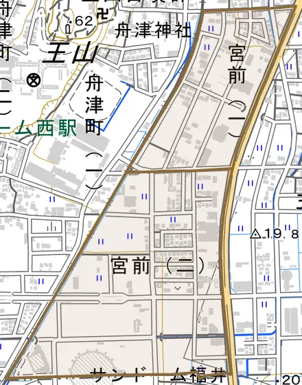 宮前とその周辺の地図。町の範囲を重ねている