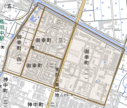 御幸町とその周辺の地図。町の範囲を重ねている