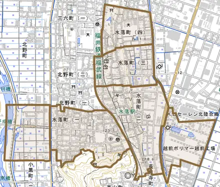 水落町とその周辺の地図。町の範囲を重ねている