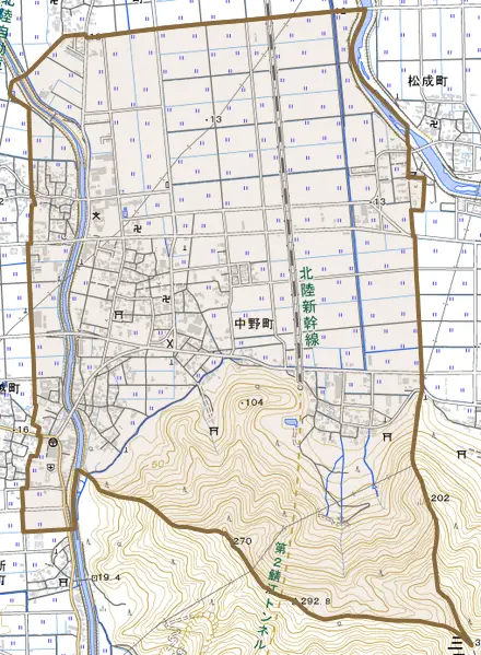 中野町とその周辺の地図。町の範囲を重ねている