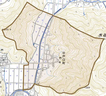中戸口町とその周辺の地図。町の範囲を重ねている