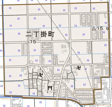 二丁掛町とその周辺の地図。町の範囲を重ねている