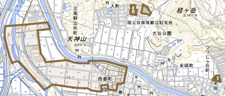 西番町とその周辺の地図。町の範囲を重ねている