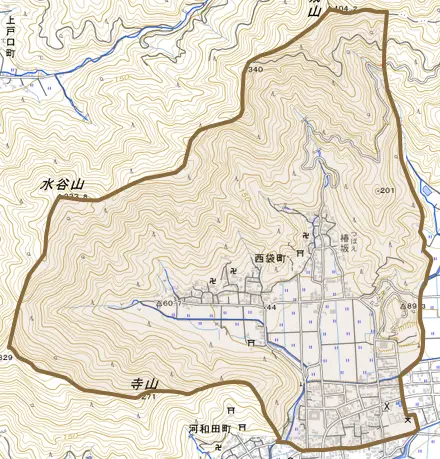 西袋町とその周辺の地図。町の範囲を重ねている