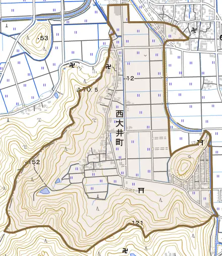 西大井町とその周辺の地図。町の範囲を重ねている