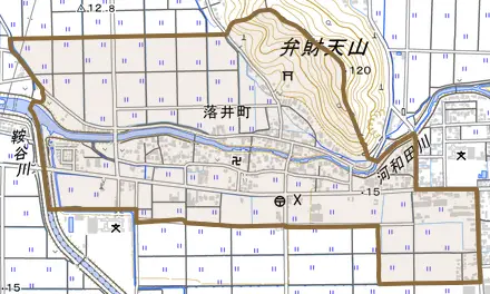 落井町とその周辺の地図。町の範囲を重ねている