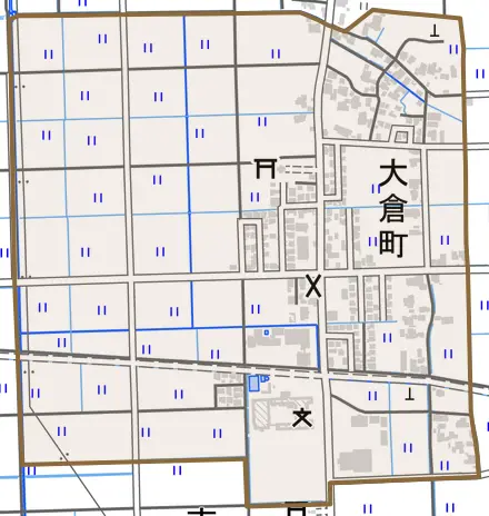 大倉町とその周辺の地図。町の範囲を重ねている