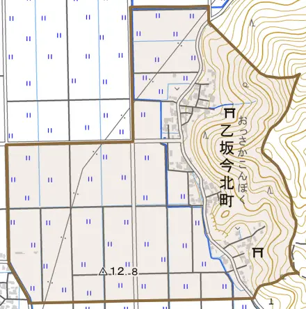 乙坂今北町とその周辺の地図。町の範囲を重ねている