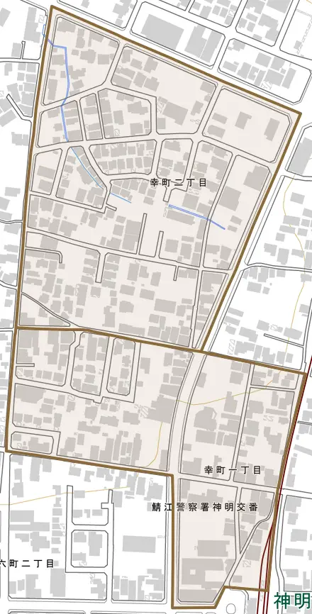 幸町とその周辺の地図。町の範囲を重ねている