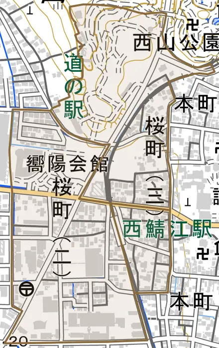 桜町とその周辺の地図。町の範囲を重ねている