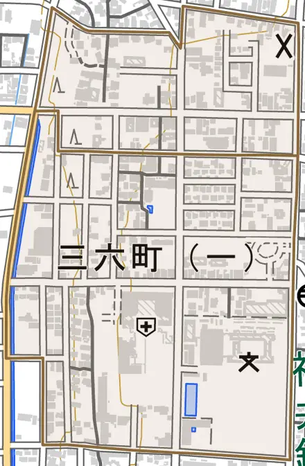 三六町とその周辺の地図。町の範囲を重ねている
