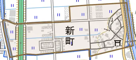 新町とその周辺の地図。町の範囲を重ねている