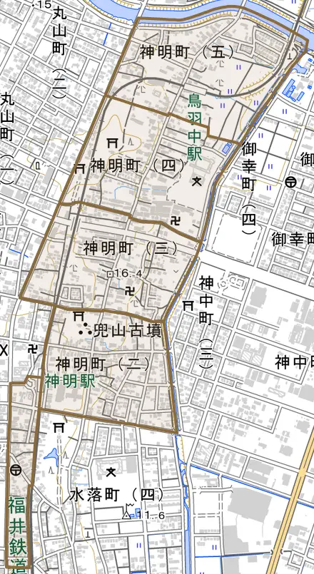 神明町とその周辺の地図。町の範囲を重ねている