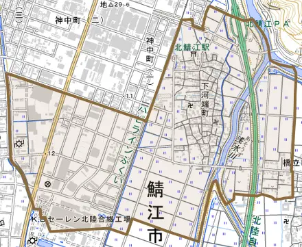 下河端町とその周辺の地図。町の範囲を重ねている