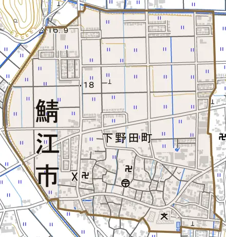 下野田町とその周辺の地図。町の範囲を重ねている