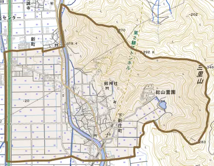 下新庄町とその周辺の地図。町の範囲を重ねている