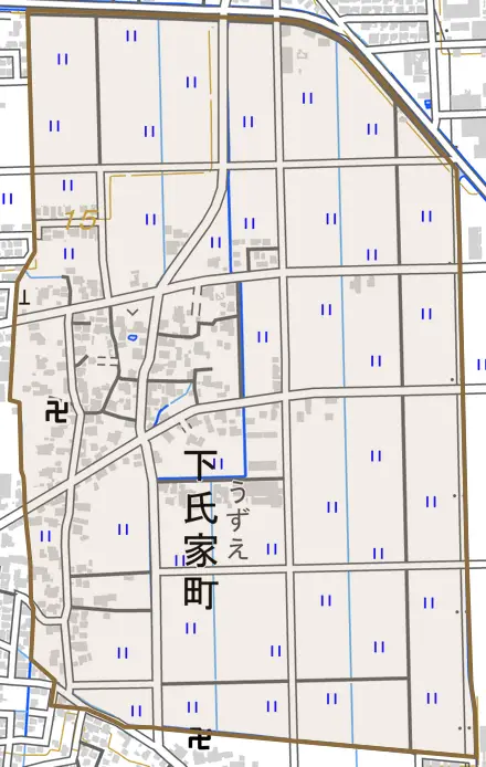 下氏家町とその周辺の地図。町の範囲を重ねている