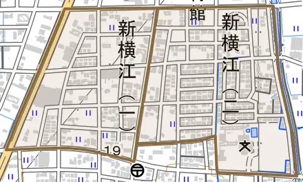 新横江とその周辺の地図。町の範囲を重ねている