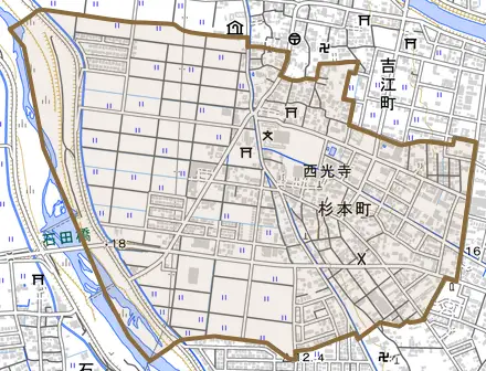 杉本町とその周辺の地図。町の範囲を重ねている