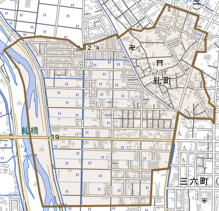 糺町とその周辺の地図。町の範囲を重ねている