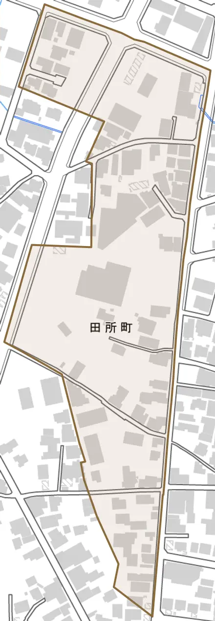 田所町とその周辺の地図。町の範囲を重ねている