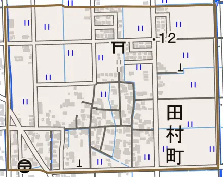 田村町とその周辺の地図。町の範囲を重ねている