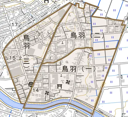 鳥羽とその周辺の地図。町の範囲を重ねている