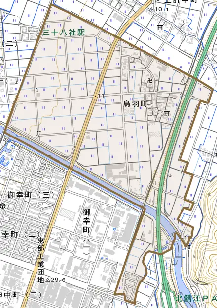 鳥羽町とその周辺の地図。町の範囲を重ねている