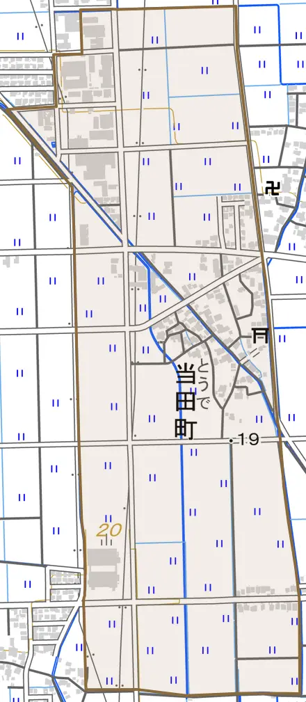 当田町とその周辺の地図。町の範囲を重ねている
