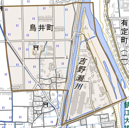 鳥井町とその周辺の地図。町の範囲を重ねている