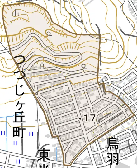 つつじケ丘町とその周辺の地図。町の範囲を重ねている