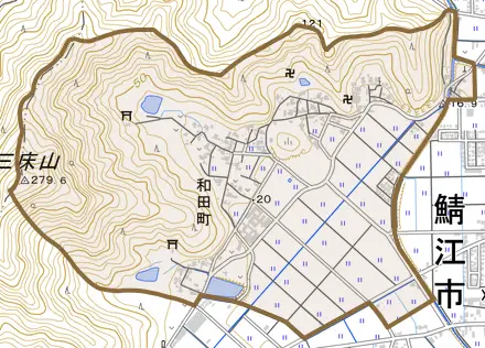 和田町とその周辺の地図。町の範囲を重ねている