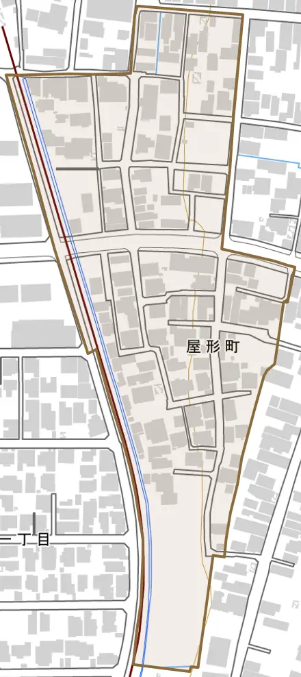 屋形町とその周辺の地図。町の範囲を重ねている