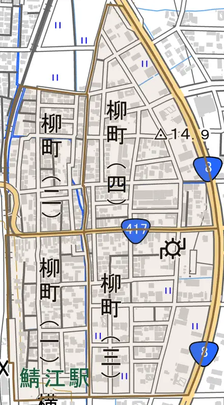 柳町とその周辺の地図。町の範囲を重ねている