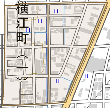 横江町とその周辺の地図。町の範囲を重ねている