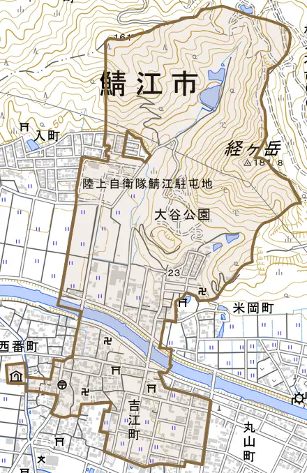 吉江町とその周辺の地図。町の範囲を重ねている